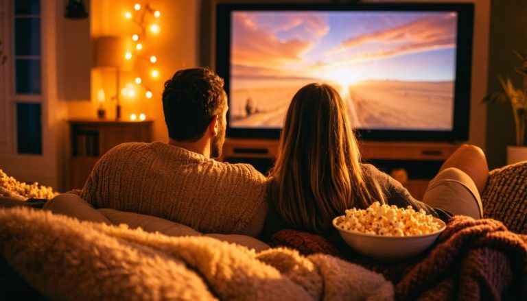 Couple devant un bon film en mangeant du pop corn