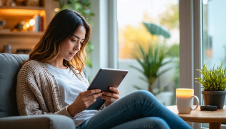 Femme qui lis un article sur tablette