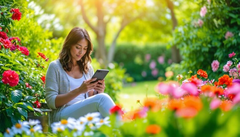 femme qui lis un article sur telephone dans un beau jardin
