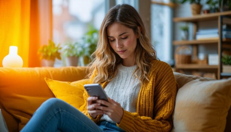 Femme qui lis un article sur telephone