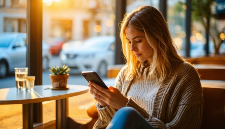 Femme qui lis un article sur telephone