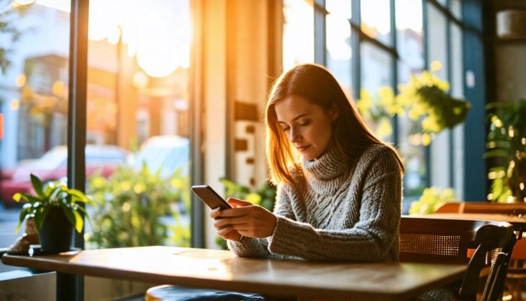 Femme qui lis un article sur telephone