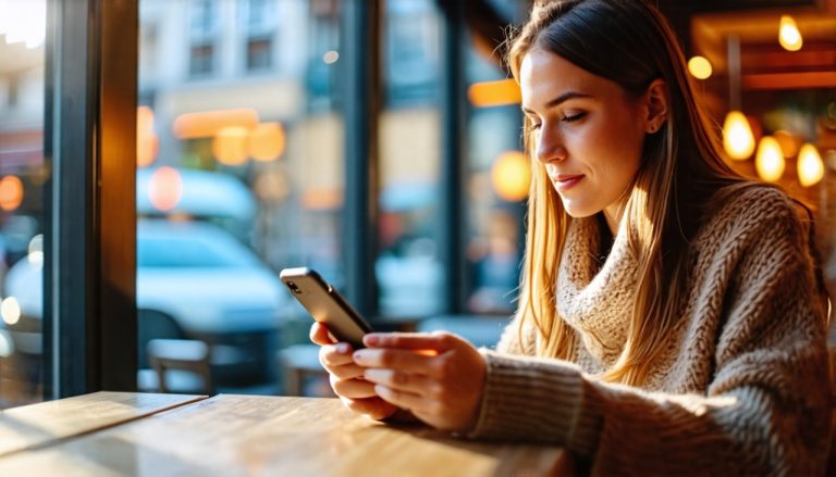 Femme qui lis un article sur telephone