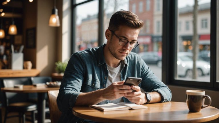 homme qui lis un article sur telephone