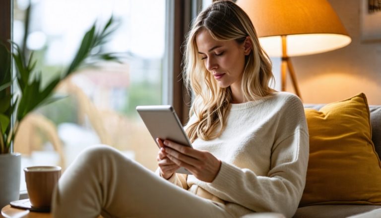 Femme qui lis un article sur tablette