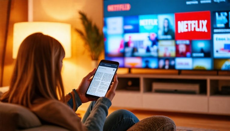 Femme qui lis un article sur telephone devant ecran netflix