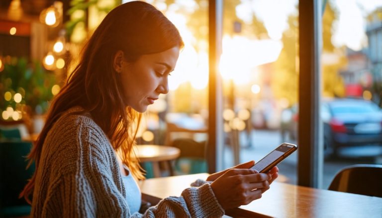 Femme qui lis un article sur telephone