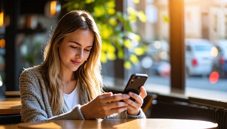 Femme qui lis un article sur telephone