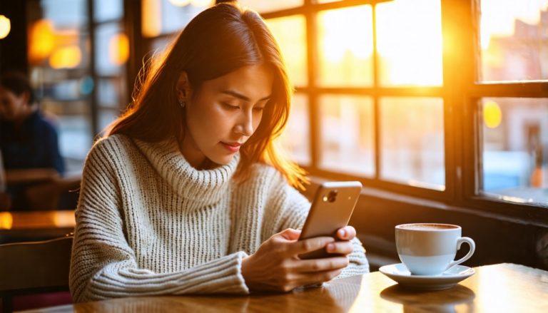 Femme qui lis un article sur telephone