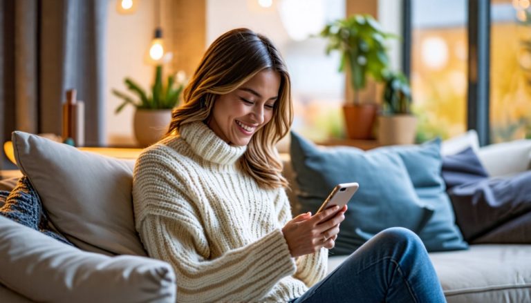 femme avec pull souri en lisant sur son smartpgone