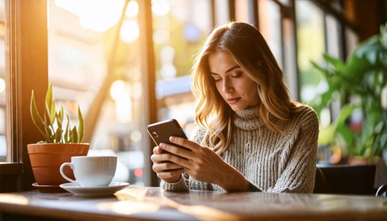 Femme qui lis un article sur telephone