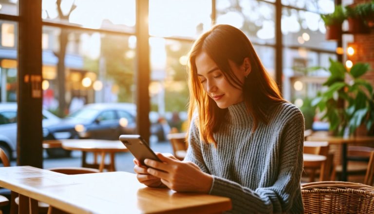 Femme qui lis un article sur telephone