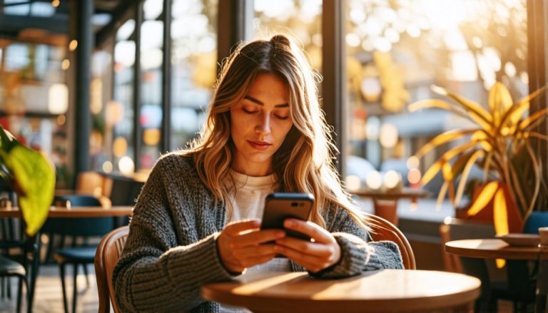 Femme qui lis un article sur telephone