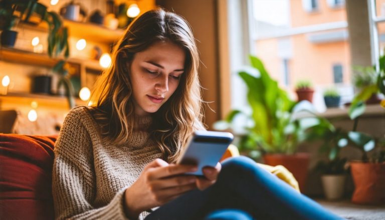 Femme qui lis un article sur telephone