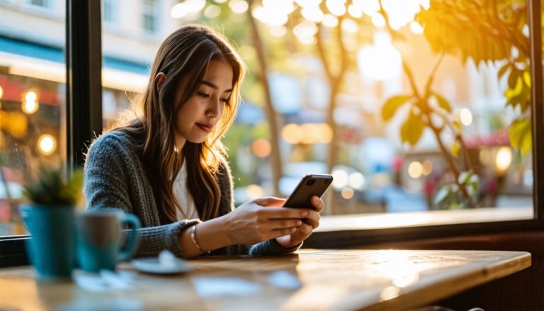 Femme qui lis un article sur telephone