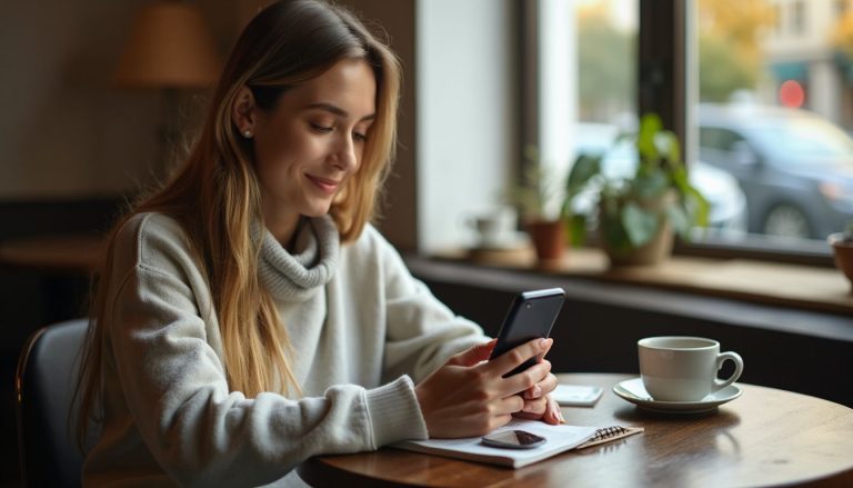 Femme qui lis un article sur telephone