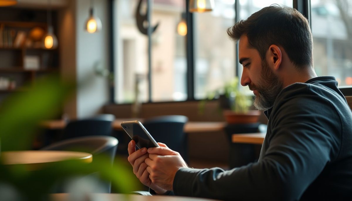 homme qui lis un article sur telephone