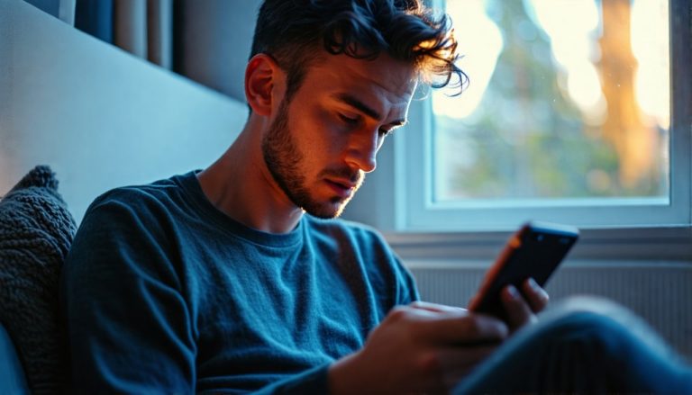 Homme triste qui lis un article sur telephone