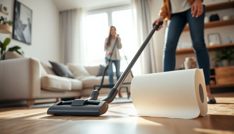 rouleau de Sopalin vide + aspirateur femme qui fait ménage