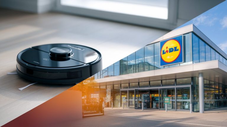 2 photos couleurs claires séparées en deux par une diagonale avec d'un aspirateur robot et de l'autre une vue d'un magasin Lidl