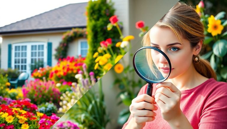 2 photos couleurs claires séparées en deux par une diagonale avec d'un côté un joli jardin fleuri de maison et une femme avec une loupe qui observe