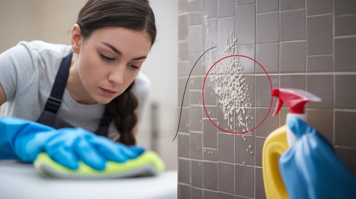 2 photos couleurs claires séparées en deux par une diagonale avec d'un côté une femme qui nettoie joins salle de bain et de l'autre produit entouré d'un cercle rouge