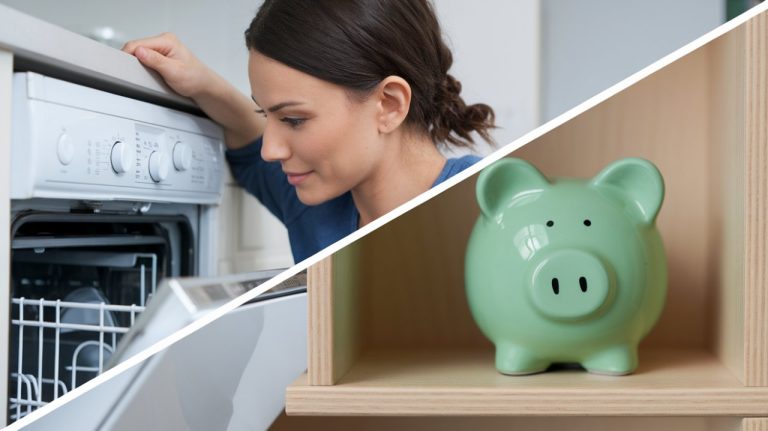 2 photos couleurs claires séparées en deux par une diagonale avec d'un côté une femme regade reglage lave vaisselle et de l'autre cochon tirelire