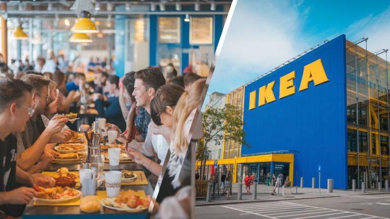 2 photos couleurs claires séparées en deux par une diagonale avec d'un le restaurant bondé IKEA et de l'autre une vue d'un magasin IKEA