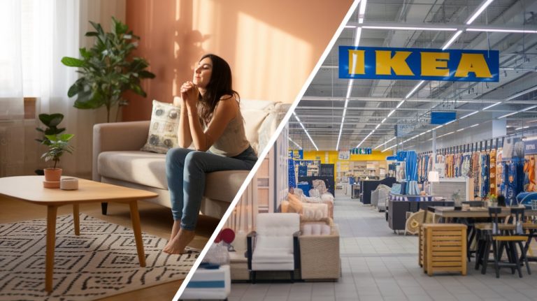 2 photos couleurs claires séparées en deux par une diagonale avec d'un une femme qui respire dans son salon et de l'autre une vue d'un magasin IKEA
