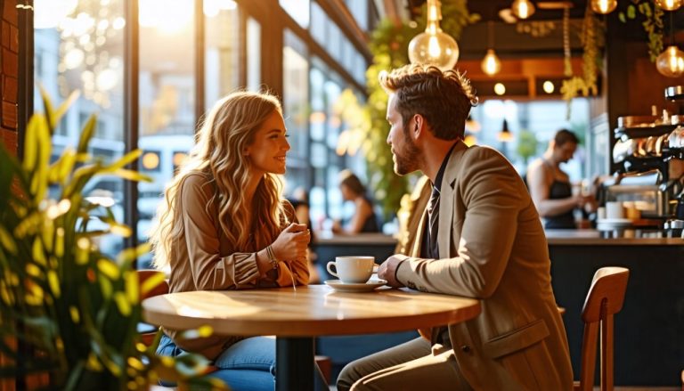 Couple discute dans un cafe branché