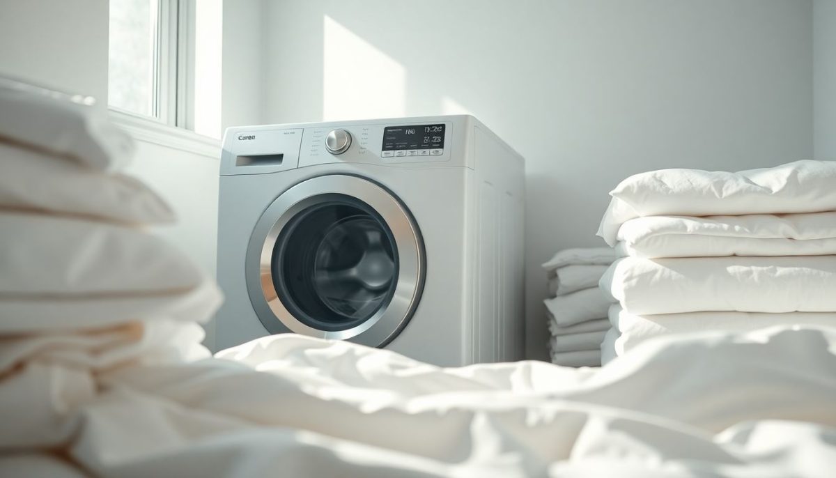 Machine à laver entourée de linge propre, symbolisant l'importance de laver les draps et textiles à haute température pour prévenir et traiter les infestations de punaises de lit