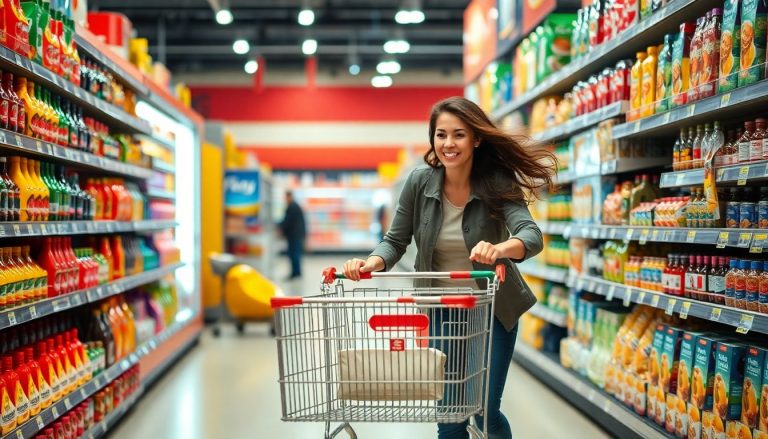 Femme pousse chariot course magasin