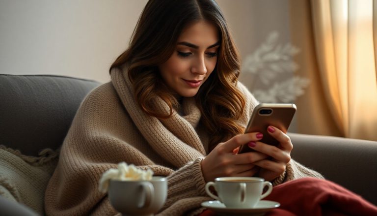 Femme qui a froid qui lis un article sur telephone