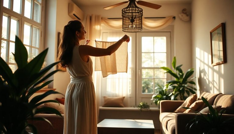 femme qui étend son linge dans son salon