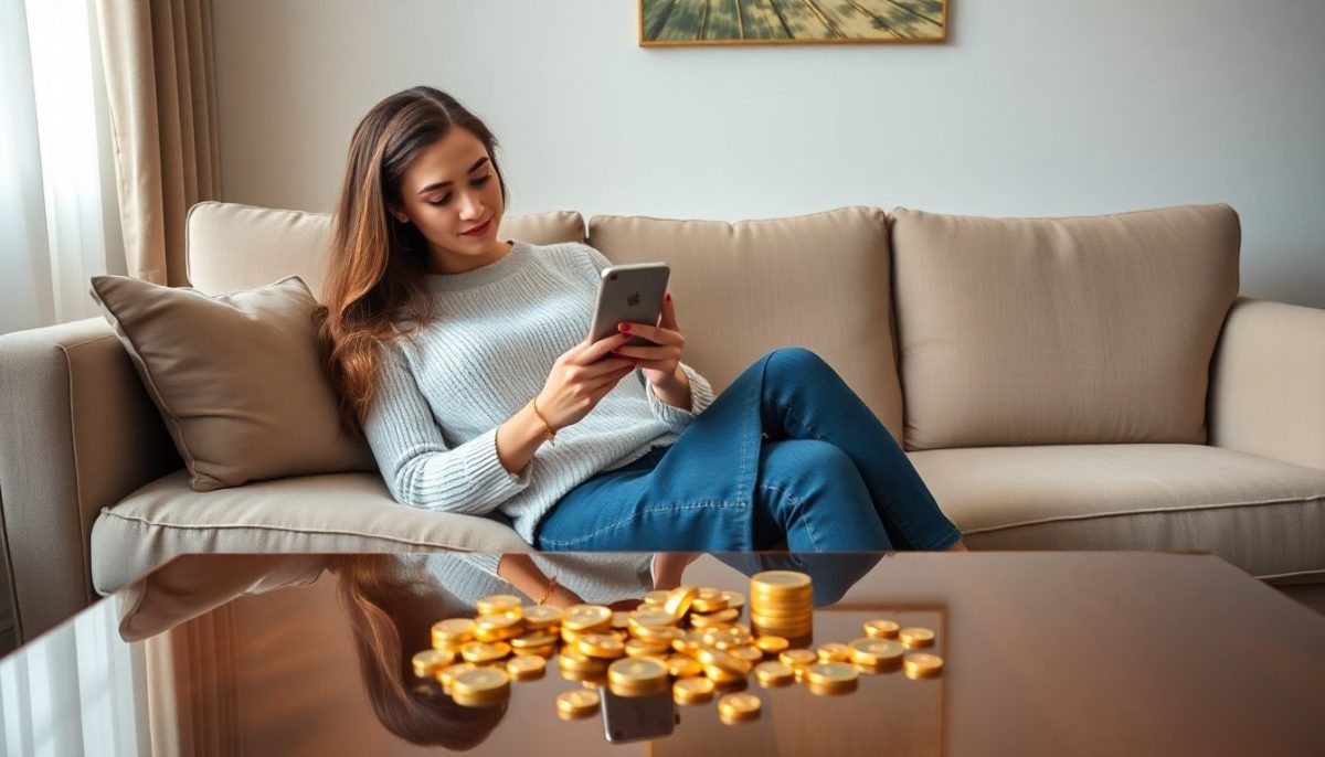 Femme qui lis un article sur telephone avec de l'or sur la table basse