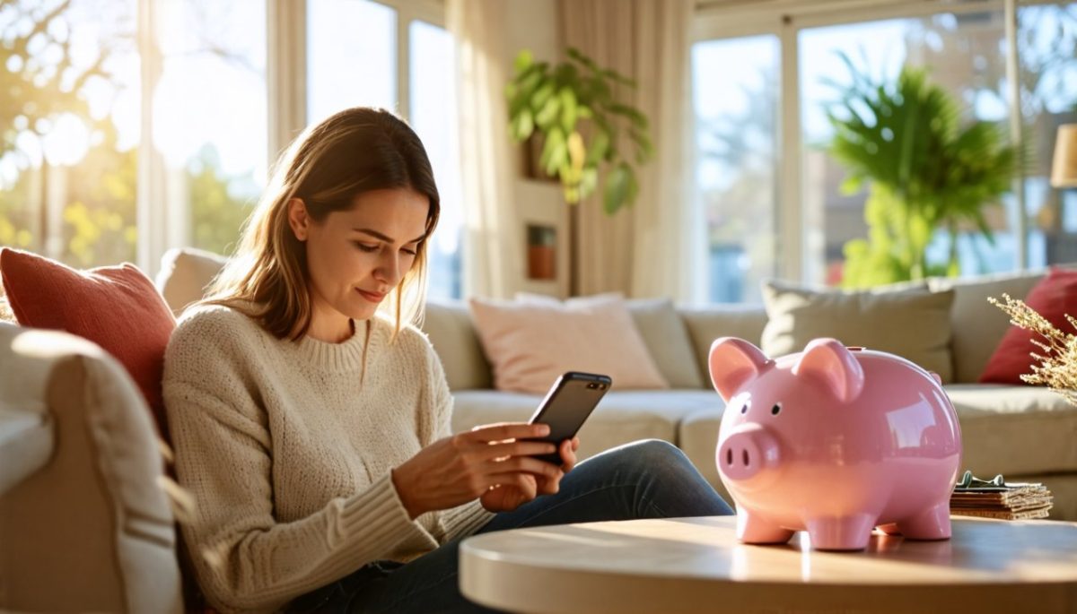 Femme qui lis un article sur telephone, tirelire cochon table base