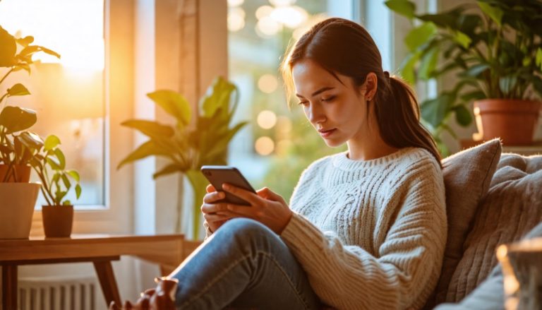 Femme qui lis un article sur telephone