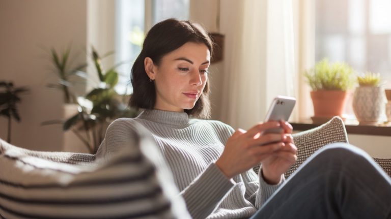 Femme qui lis un article sur telephone