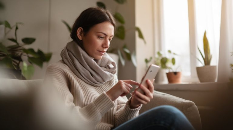 Femme qui lis un article sur telephone