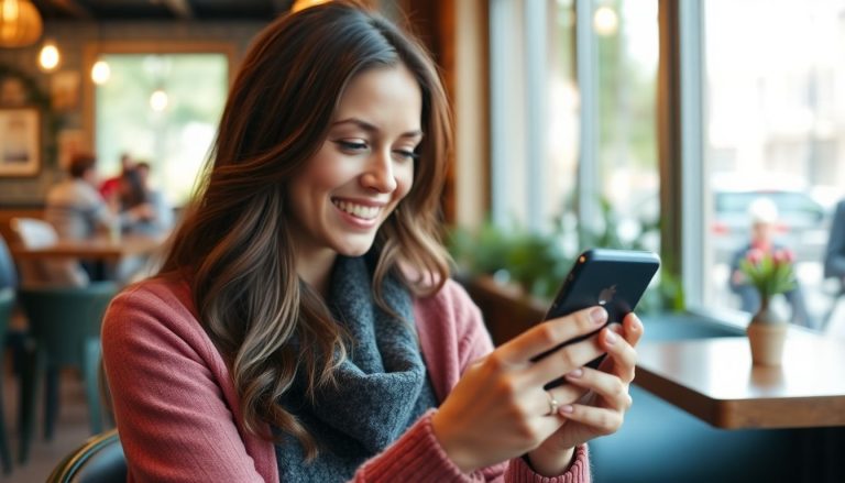 Femme sourire qui lis un article sur telephone