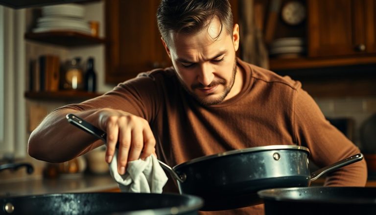 Homme qui en train de nettoyer Poêles noircies