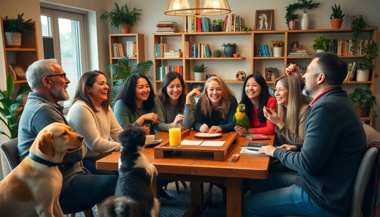 Quiz groupe de personne qui s'amusent autour d'une table avec des animaux
