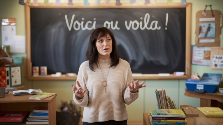 Tableau avec écrit : Voici ou voilà, une femme qui explique