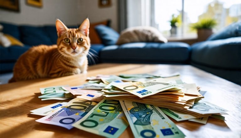 Tas de billet euros sur la table basse chat en fond qui regarde