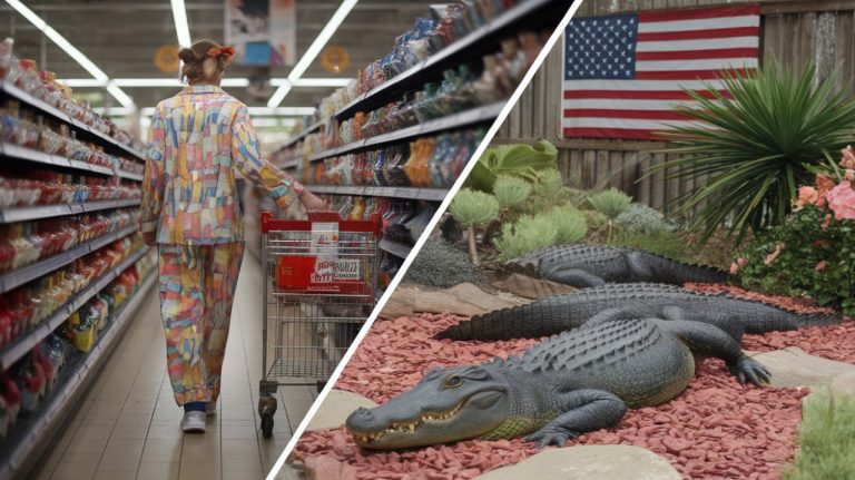 2 images séparé par une diagonale a droite Pyjamas au supermarché alligators dans le jardin a droite drapeau USA
