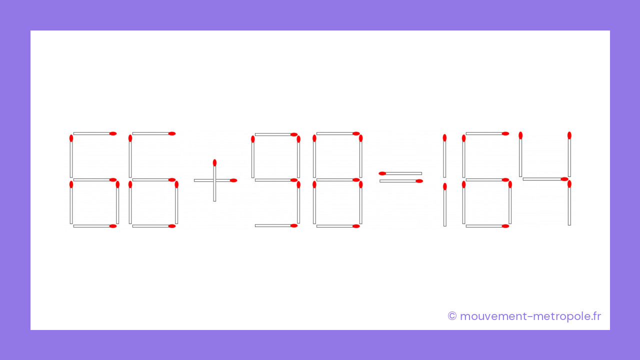 Défi mathématique : Corrigez l'équation en déplaçant une seule allumette ! Chronomètre en main, vous avez 30 secondes. Défi mathématique : Corrigez l'équation en déplaçant une seule allumette ! Chronomètre en main, vous avez 30 secondes.
