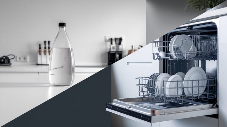 Deux images séparer par une diagonale a droit un lave vaisselle et à gauche du vinaigre blanc