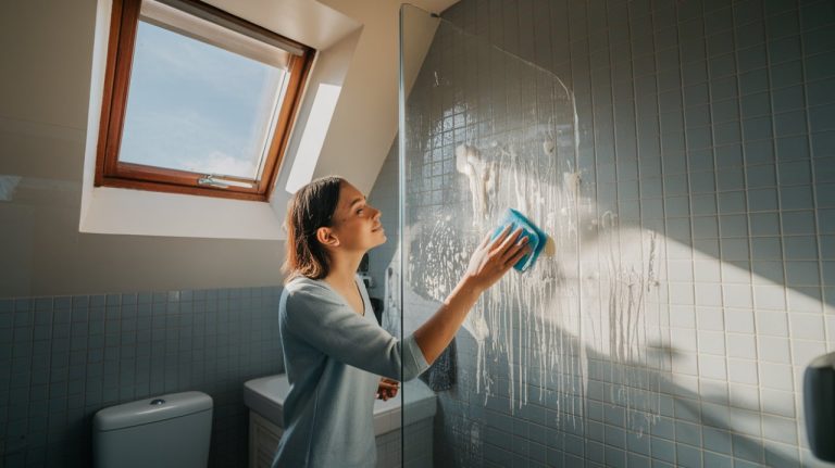 femme nettoie paroie de douche