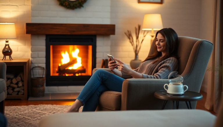 Femme qui lis un article sur telephone devant cheminée