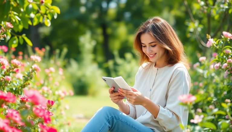 Femme qui lis un article sur telephone jardin
